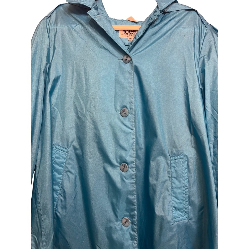 Vintage Totes Coat Teal Blue Nylon Hooded Rain Jacket Womens 14P Retro Longline - Picture 2 of 13